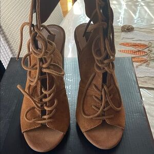 Forever 21 Brown Suede Lace-Up Peep-Toe Heels